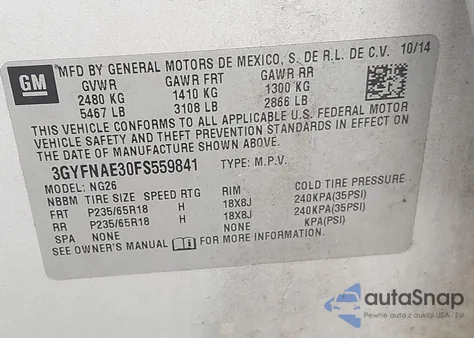 2015 Cadillac Srx Standard из США, поврежденный, VIN 3GYFNAE30FS559841